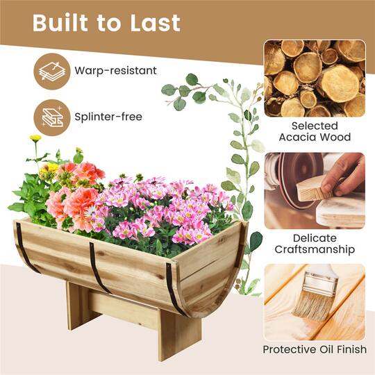 Costway 18" x 12" x 11.5" Solid Acacia Wood Half-Barrel Planter Box with Legs